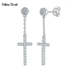 Pendientes colgantes Follow Cloud 0.5ct 925 Plata de ley Corte redondo 3 mm D Color Moissanite Borla Cadena Cruz Gota para mujer Joyería fina