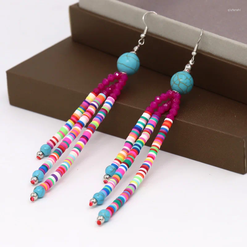 Boucles d'oreilles pendantes pour femmes, style bohème, bijoux faits à la main, perles de cristal d'argile colorées, accessoires pompon, cadeaux, goutte