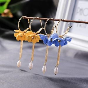 Pendientes colgantes para mujer, regalos, hoja de hierro azul y amarillo, flores, perlas cultivadas, Color dorado, joyería de moda al por mayor