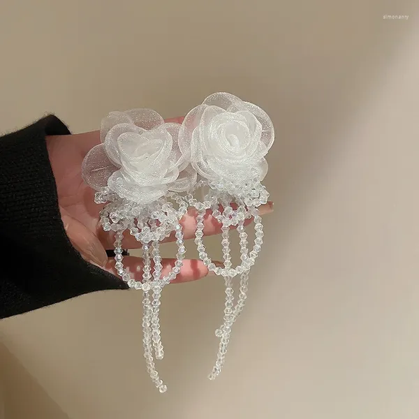 Boucles d'oreilles pendantes Style français, fleur en fil noir et blanc pour femmes, pompon en cristal Transparent, longues Pendientes, Bijoux de plage