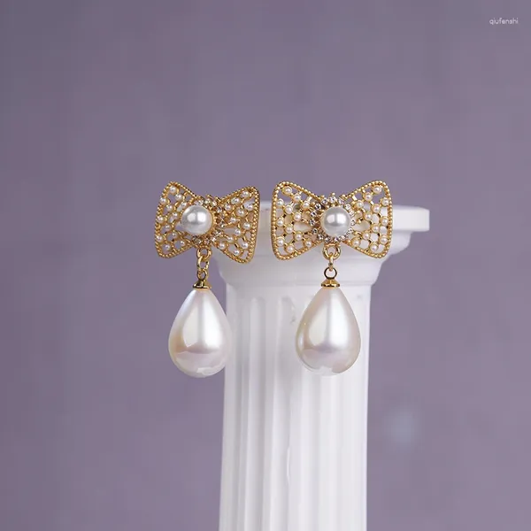 Pendientes colgantes Fraya Bow Stud Perla Pendiente colgante S925 Pin de plata esterlina 18K chapado en oro Moda Accesorios de joyería elegantes