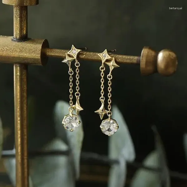 Boucles d'oreilles pendantes Miroir mausolée de Freesde japonais exquis étoile brillante lune se balançant Zircon S925 boucle d'oreille plaquée or en argent sterling