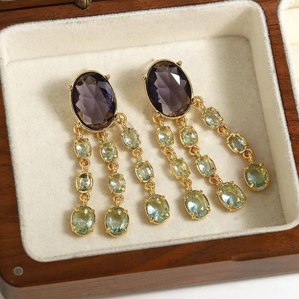 Boucles d'oreilles pendantes Freetry Vintage ovale strass gland pour femmes exagéré violet pierre géométrique couleur or bijoux de fête