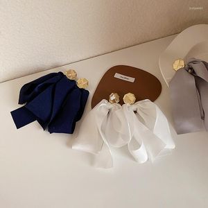 Bengelen oorbellen Frans overdreven doek bowknot voor vrouwen elegante witte marineblauw grijs lint grote geknoopte drop brincos