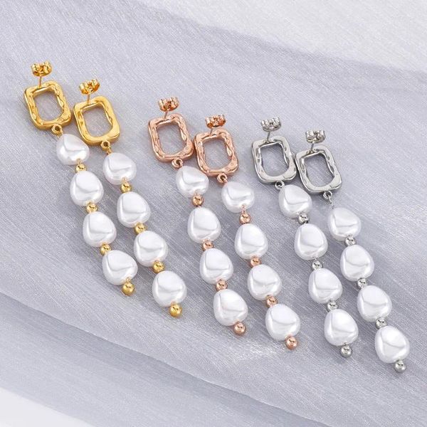 Boucles d'oreilles pendantes en Imitation de perles françaises pour femmes, clous d'oreilles en acier inoxydable, couleur or argent Rose-or, bijoux de luxe, cadeau Mujer