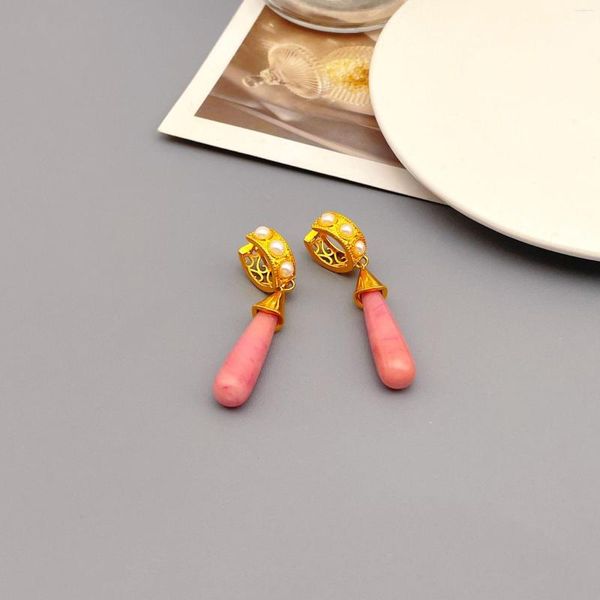 Orecchini pendenti francesi retrò rosa naturale anguria pietra pendente goccia d'acqua perla fibbia orecchio gioielli eleganti da donna vintage