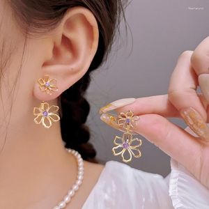 Boucles d'oreilles pendantes style français doux et simple 2 usages fleur creuse pour femme avec améthyste fête d'anniversaire de fille bijoux en métal