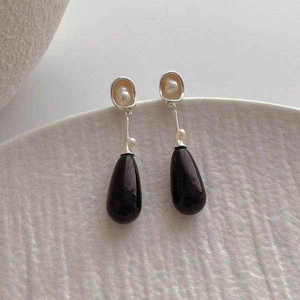 Boucles d'oreilles pendantes Style français Vintage longue déclaration de goutte d'eau noire pour les femmes mode perle simulée boucle d'oreille charme Pendientes