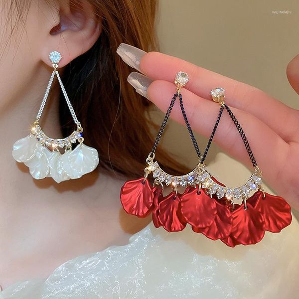 Boucles d'oreilles pendantes en Zircon pour femmes, Style français, coquille, pétales de fleurs, chaîne, pompon, goutte, bijoux de fête de luxe légers