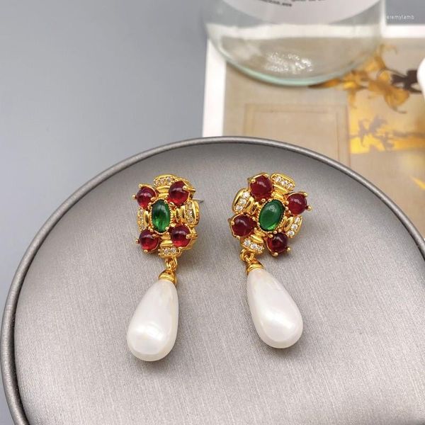 Boucles d'oreilles pendantes Style Court français Vintage incrusté de perles d'agate rouge pour femmes, placage de luxe, bijoux en or 18 carats