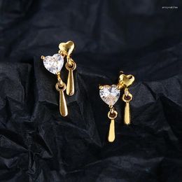 Pendientes colgantes francés vintage doble corazón borla para mujeres cristal color oro cartílago anillos accesorios joyería de moda KAE339