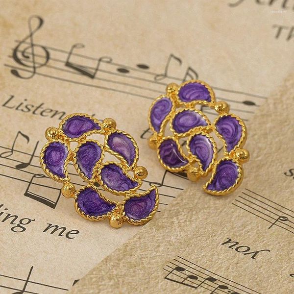 Boucles d'oreilles pendantes en émail Vintage français, Iris violet, plante d'automne, fleur de cour, bijoux d'oreille romantiques