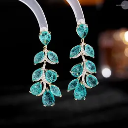 Boucles d'oreilles pendantes d'été fraîches incrustées de fleurs en Zircon vert, tempérament de luxe abordable, mode, aiguille en argent en forme de feuille