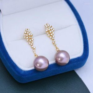 Boucles d'oreilles pendantes eau douce 11-12mm, cercle parfait, forte lumière, défauts fins, perle violette S925, clou Simple pour femme, vente en gros