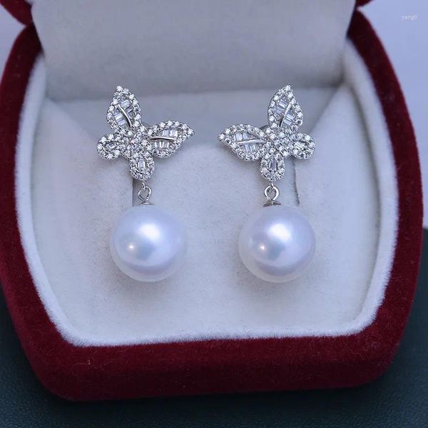 Boucles d'oreilles pendantes eau douce 11-12mm, cercle parfait blanc, lumière forte, micro-défauts, perle, clou papillon en argent S925