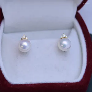 Boucles d'oreilles pendantes d'eau douce 8-9mm, cercle parfait blanc, lumière forte, perle presque impeccable, clou femelle, argent S925
