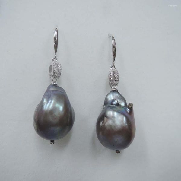Boucles d'oreilles pendantes en perles noires d'eau douce avec crochet en argent 925, grand baroque de 15 à 17 Mm