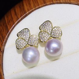 Boucles d'oreilles pendantes en perles d'eau douce, 10-11mm, presque rondes, Keshi, couleur blanc/rose/noir/or, fleur en Zircon