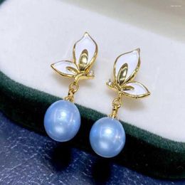 Boucles d'oreilles pendantes perle d'eau douce bleu gris 7-8MM papillon clou solide année mariage classique CARNAVAL fête des mères