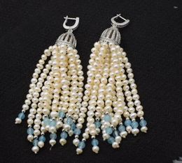 Boucles d'oreilles pendantes en perles d'eau douce blanches, presque rondes de 3 à 5mm et crochet en jaspe vert, FPPJ, vente en gros