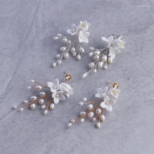 Pendientes colgantes perlas de agua dulce flor blanca nupcial joyería de boda Color oro plata hecho a mano pendiente de gota para mujer
