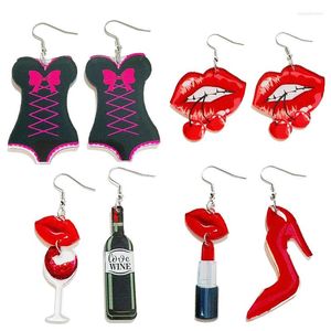 Boucles d'oreilles pendantes drôle Sexy lèvre talons hauts saint valentin pour les femmes mode Grunge rouges à lèvres vin rouge acrylique cadeau petite amie