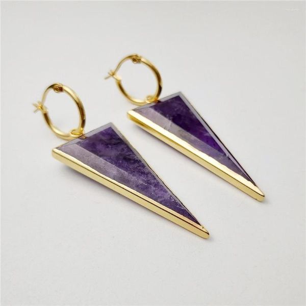 Boucles d'oreilles pendantes FUWO 1 pièces améthystes sculptées en forme de Triangle couleur or plaqué à la main boucle d'oreille en cristal violet naturel ER427