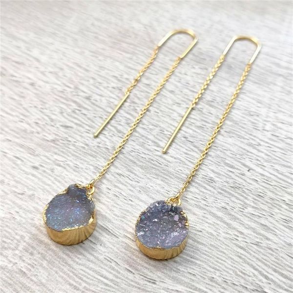 Pendientes colgantes FUWO, enhebrador redondo de Aura Druzy con relleno de Color dorado, diseño minimalista, joyería de piedra drusa Natural para mujer ER026