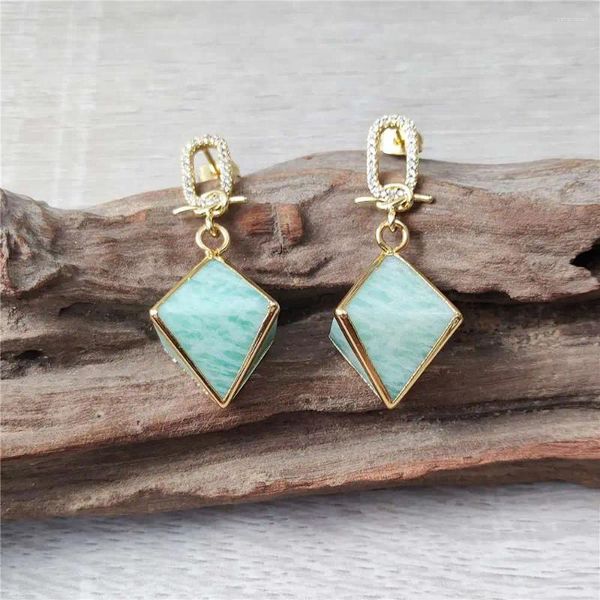 Boucles d'oreilles pendantes FUWO vente en gros Zircon cubique Amazonite plaqué or pyramide vert bijoux en pierre semi-précieuse 5 paires/lot ER477CZ