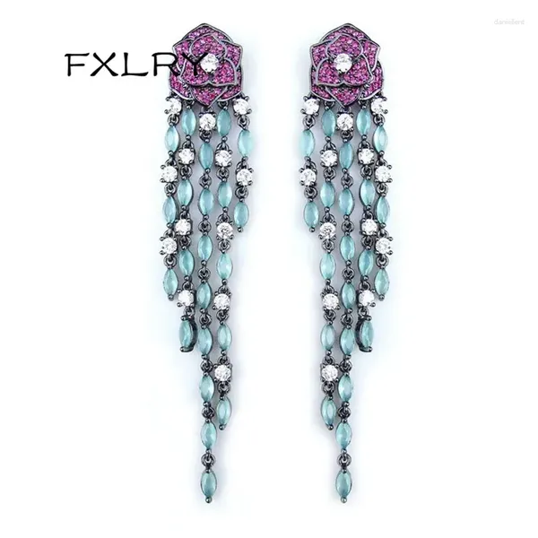 Pendientes colgantes FXLRY de lujo largos negros chapados en pistola Vintage flor rosa púrpura con pendiente de borla verde para joyería de mujer