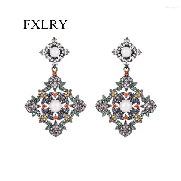 Pendientes colgantes FXLRY de lujo S925 con incrustaciones de aguja de plata, hoja de flor de circón, estilo bohemio Retro de colores mezclados para mujer Jewe