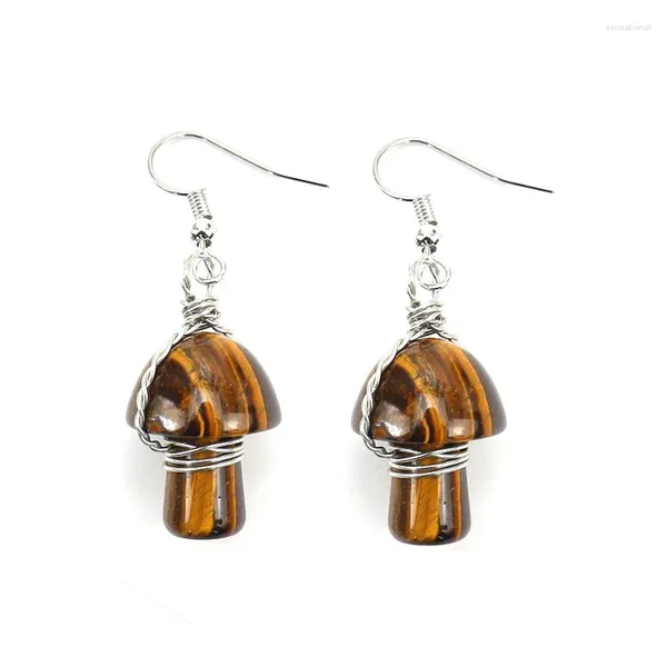 Boucles d'oreilles pendantes FYJS bijoux uniques en fil plaqué argent en forme de champignon en pierre d'oeil de tigre pour les femmes