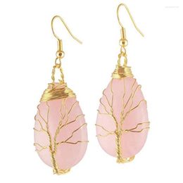 Boucles d'oreilles pendantes FYJS Unique lumière jaune or couleur fil Wrap naturel Rose Quartz rose goutte d'eau oeil de tigre pierre bijoux