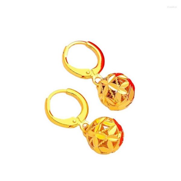 Boucles d'oreilles pendantes FYJS Unique couleur or jaune clair boule en alliage creux pour cadeau bijoux de mode