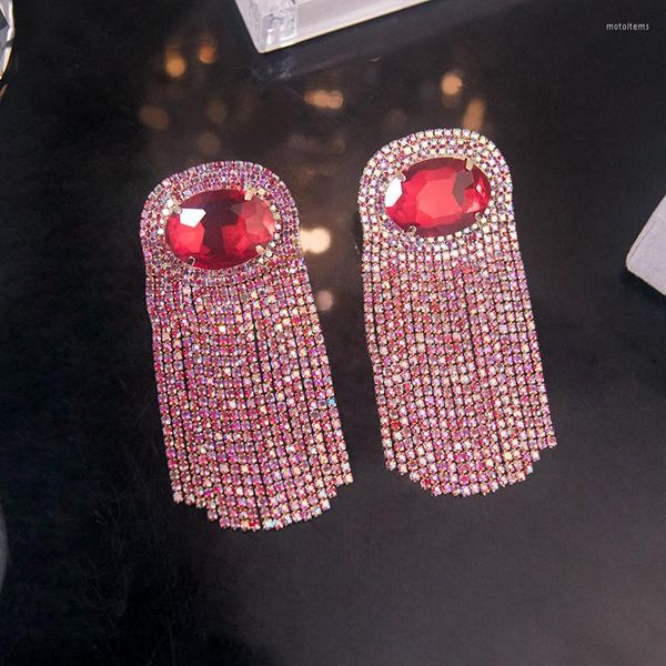 Boucles d'oreilles pendantes FYUAN luxe rouge vert cristal pour femmes Long gland strass dames mariée mariages bijoux