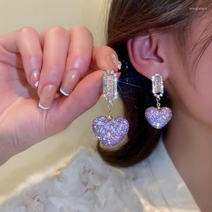 Bengelen oorbellen fyuan zoete paarse liefde hart kristal vrouwen glans strass bruiloften feestjuwelen accessoires