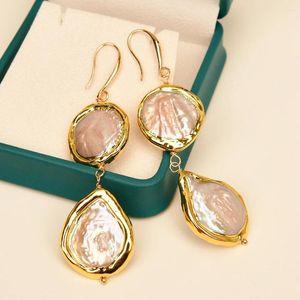 Boucles d'oreilles pendantes G-G, perles d'eau douce naturelles, couleur mixte, pièce de monnaie rose Keshi, bord plaqué or, bijoux cadeaux de fête