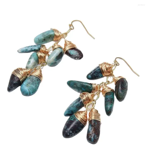 Boucles d'oreilles en peluche g g gren vert naturel chrysocolla jasper réel pierres gemmes enveloppement d'or brassage d'or faits à la main pour les femmes