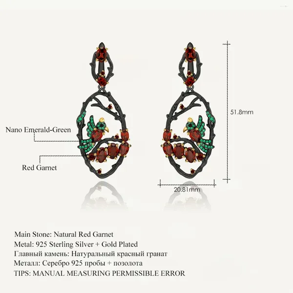 Boucles d'oreilles pendantes GEM'S BALLET, pierre précieuse grenat rouge naturel, argent Sterling 925, Branches faites à la main, oiseau, déclaration pour femmes