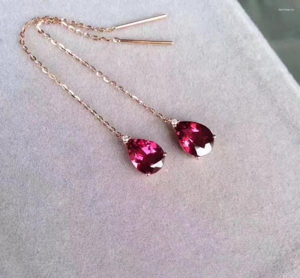 Pendientes colgantes Joyería de piedras preciosas Oro rosa de 18 quilates con línea de pendiente de gota de granate real Forma de lágrima Diamante de mujer fina