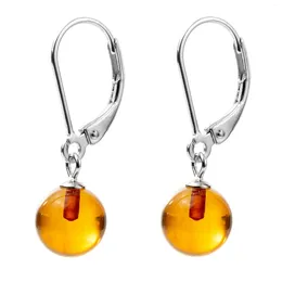 Boucles d'oreilles pendantes en argent Sterling 925 pour femmes, véritable ambre rond de la Baltique, crochet français, couleur Cognac riche