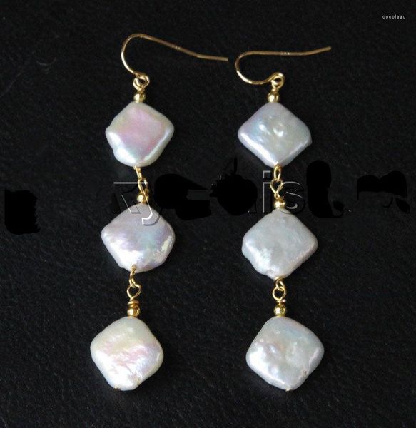 Boucles D'Oreilles Pendantes Véritable Baroque 10mm Losange Perles Blanches Argent Tibétain