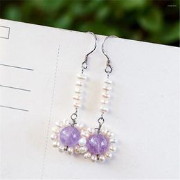 Boucles d'oreilles pendantes géométriques pour femmes, améthyste naturelle, perles, fleurs, bijoux longs, cerceaux de mariage en argent 925