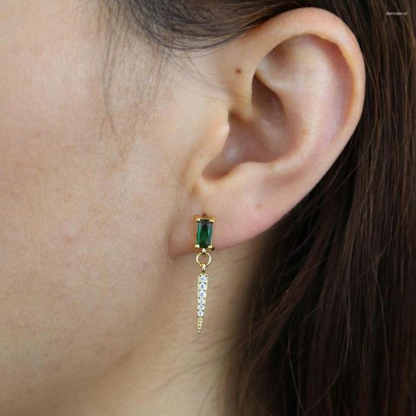 Boucles d'oreilles pendantes en argent Sterling 925 pour femmes, clou rond à pointe géométrique avec Cz vert et rouge, bijoux fins Punk authentiques