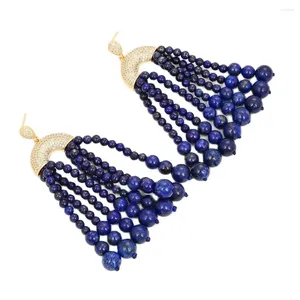 Dangle Oorbellen GG Sieraden Natuurlijke Ronde Blauwe Lapis Lazuli Edelstenen Steen CZ Verhard Verguld