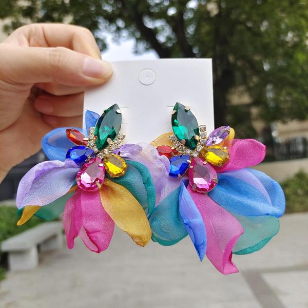 Pendientes colgantes de la niña Temperamento de la niña Flor de tela hecha a mano con diamantes de rehinestas Cristal Romántico Sweet Colorido Fiesta de fiesta Joyería