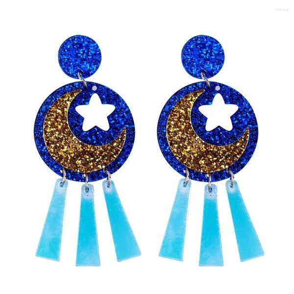 Pendientes colgantes con purpurina, Color azul dorado, acrílico, Luna, estrella para mujer, pendiente geométrico con borla láser larga, regalos de joyería