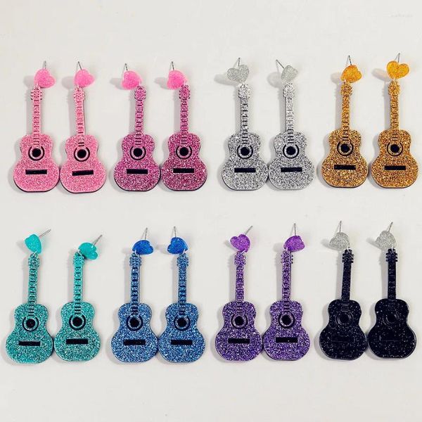 Boucles d'oreilles pendantes pour femmes, guitare acrylique colorée à paillettes, cœur acoustique brillant, longs bijoux à la mode, cadeaux