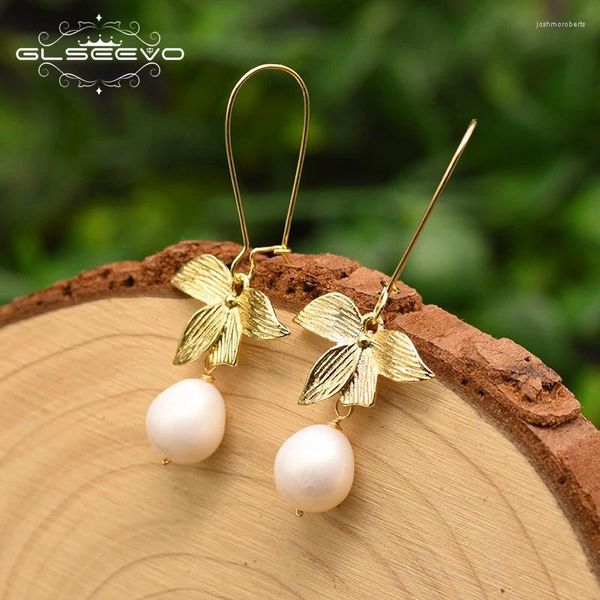 Boucles d'oreilles en peluche Glseevo Plant de perles d'eau douce naturelle pour femmes Girl Amourfeuilles Bijoux de luxe minimaliste Orringe GE0844
