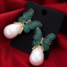Pendientes colgantes Godki Butterfly de lujo para mujeres Capilla de boda Pearl Cubic Zirconia Cz Brasil Accesorios de joyas de novia Regalo